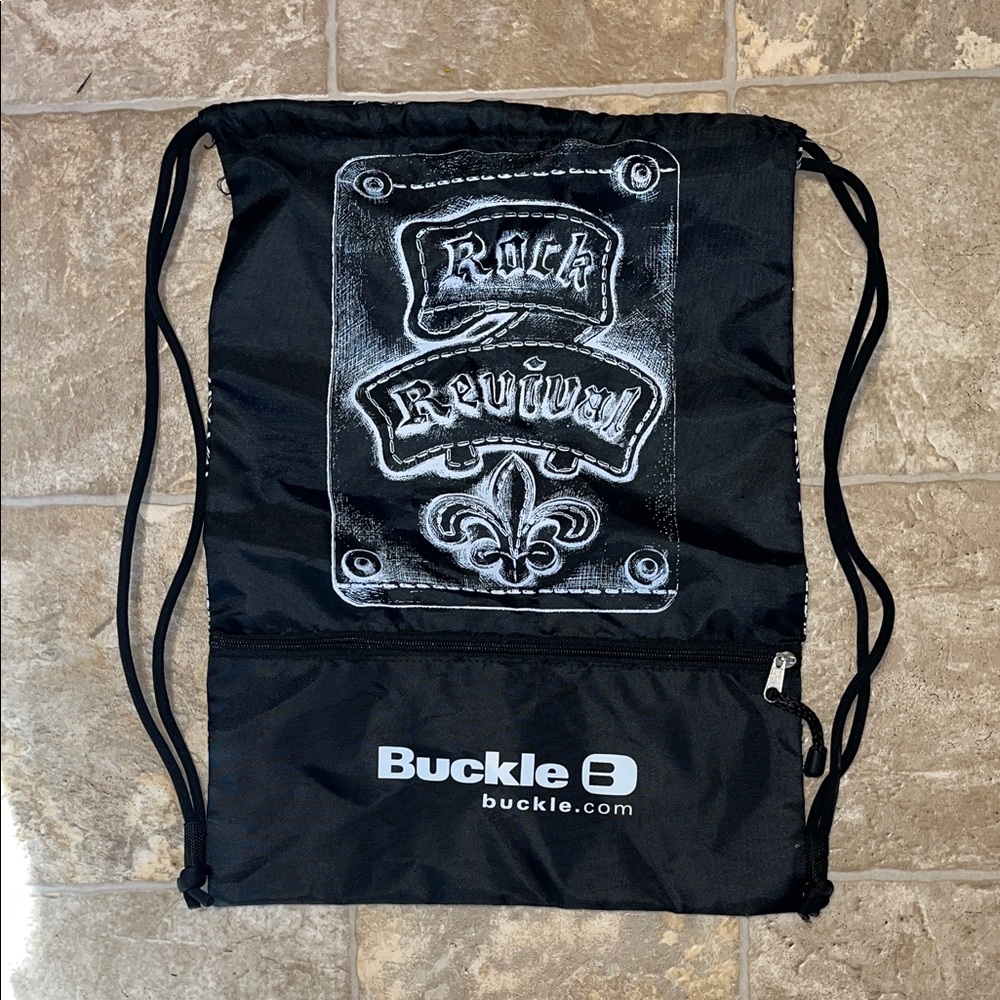 Rock Revival Buckle Black Drawstring Backpack with White Rock Revival Graphic